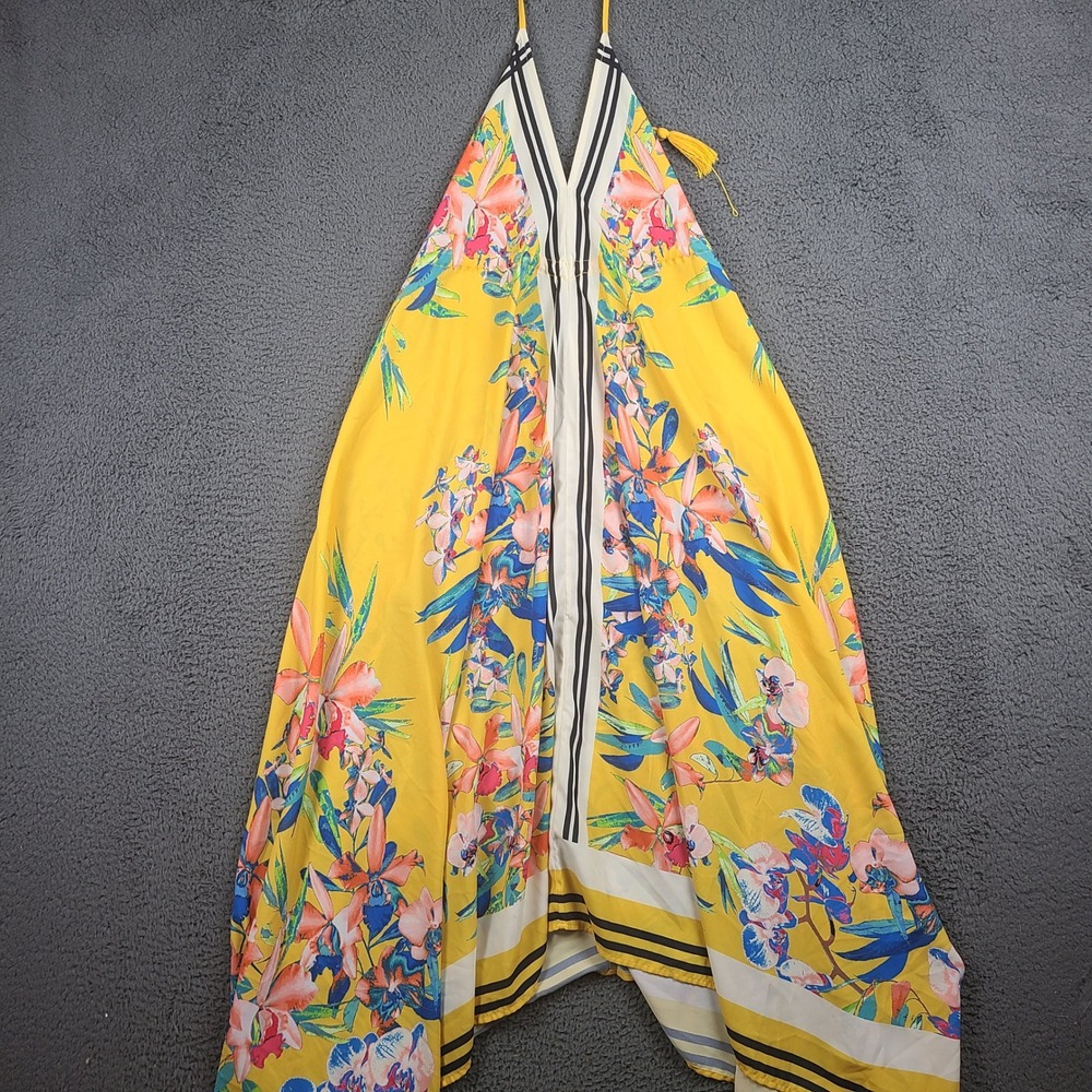 Flying Tomato Yellow Floral Halter Maxi Dress Handkerchief Hem Tassel Medium